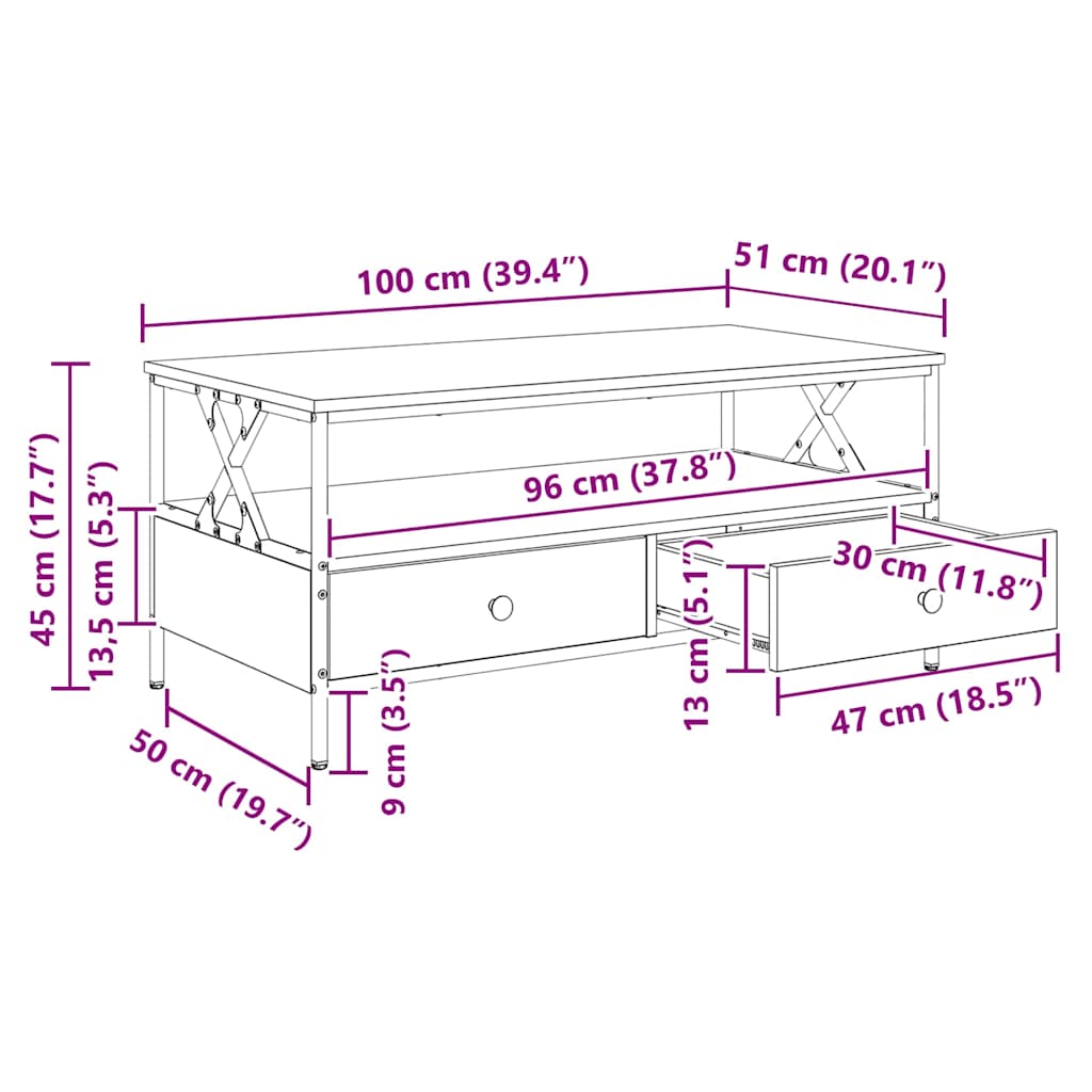 sofabord 100x51x44 cm konstrueret træ røget egetræsfarve