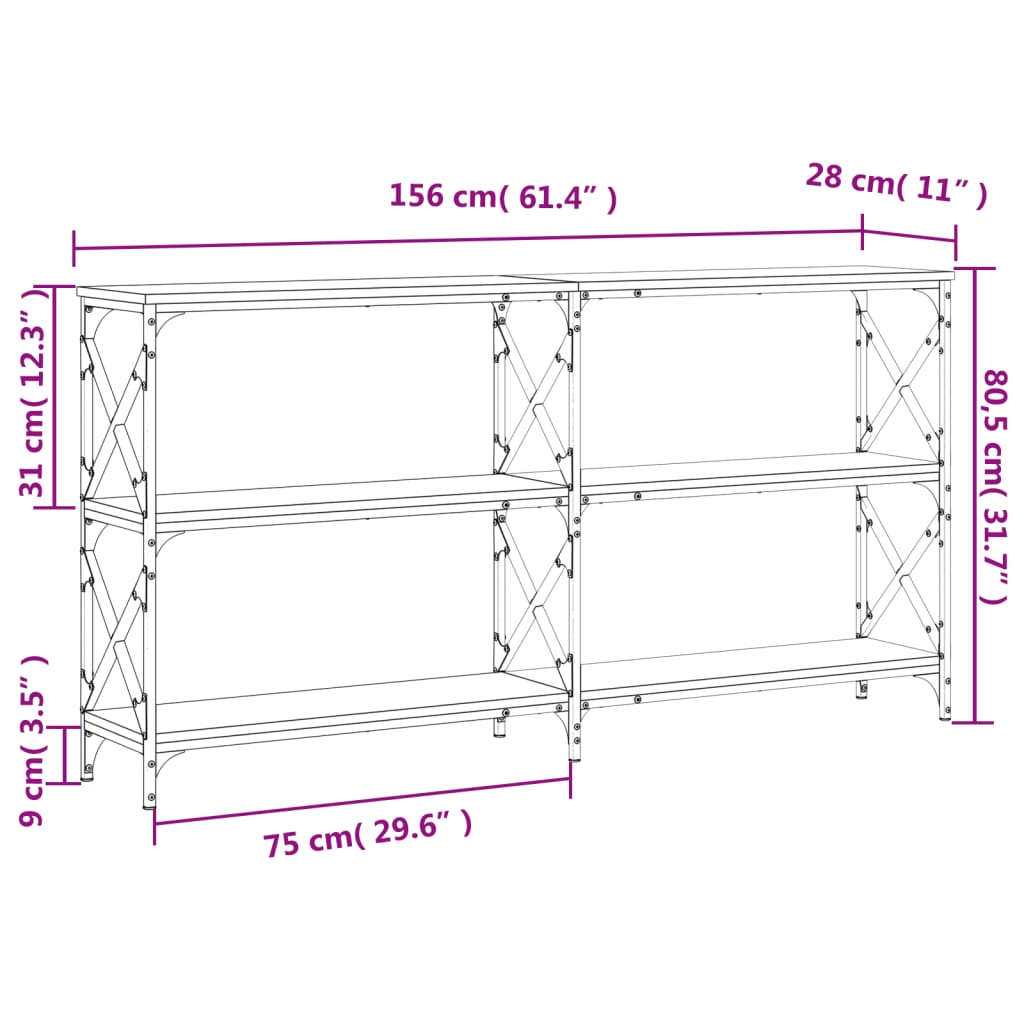 konsolbord 156x28x80,5 cm konstrueret træ sonoma-eg