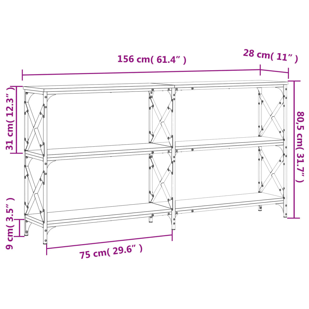 konsolbord 156x28x80,5 cm konstrueret træ røget egetræsfarve