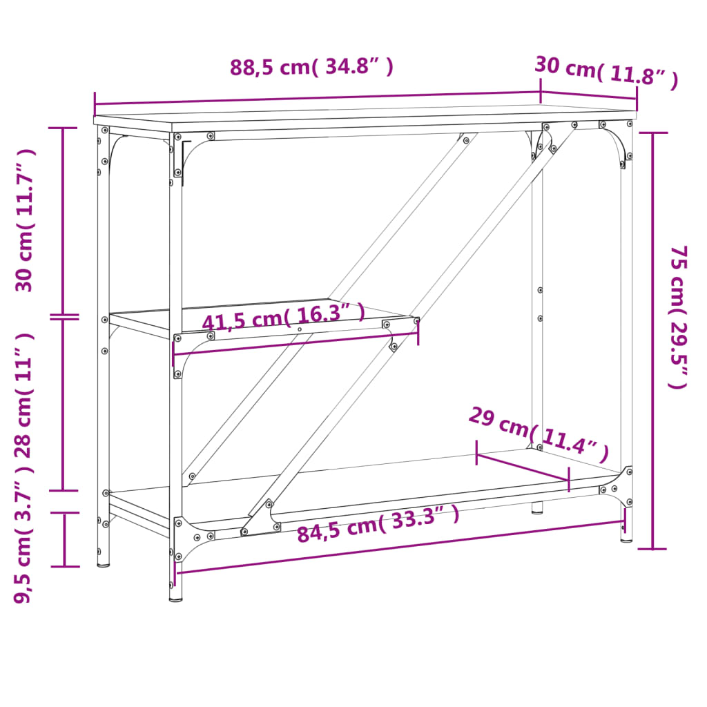 konsolbord 88,5x30x75 cm konstrueret træ røget sonoma-eg