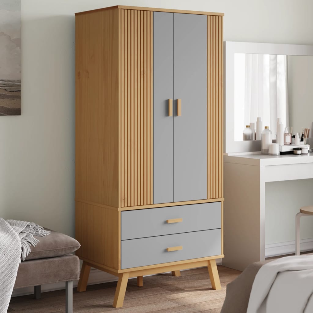 klædeskab OLDEN 76,5x53x172 cm massivt fyrretræ grå og brun billede
