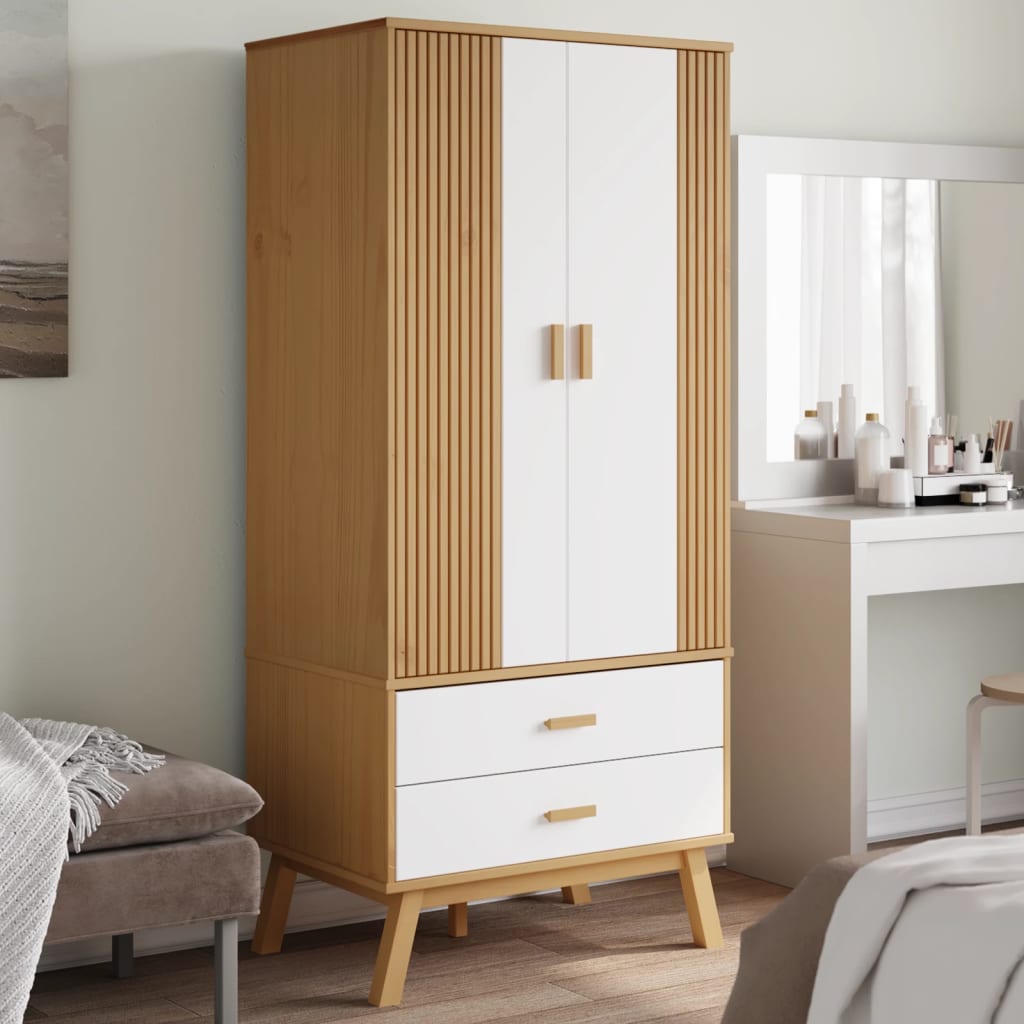 klædeskab OLDEN 76,5x53x172 cm massivt fyrretræ hvid og brun billede