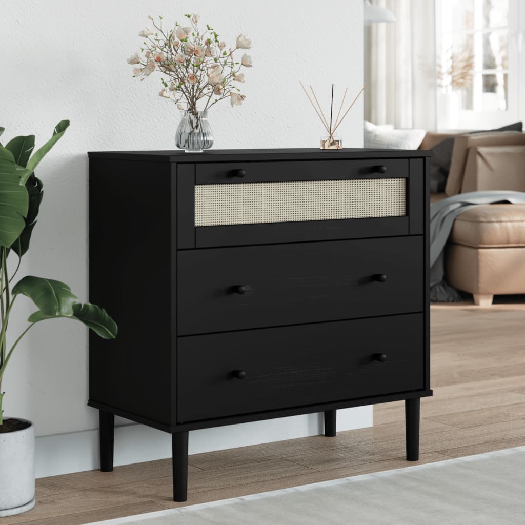 kommode SENJA rattanlook 80x40x80 cm massivt fyrretræ sort billede