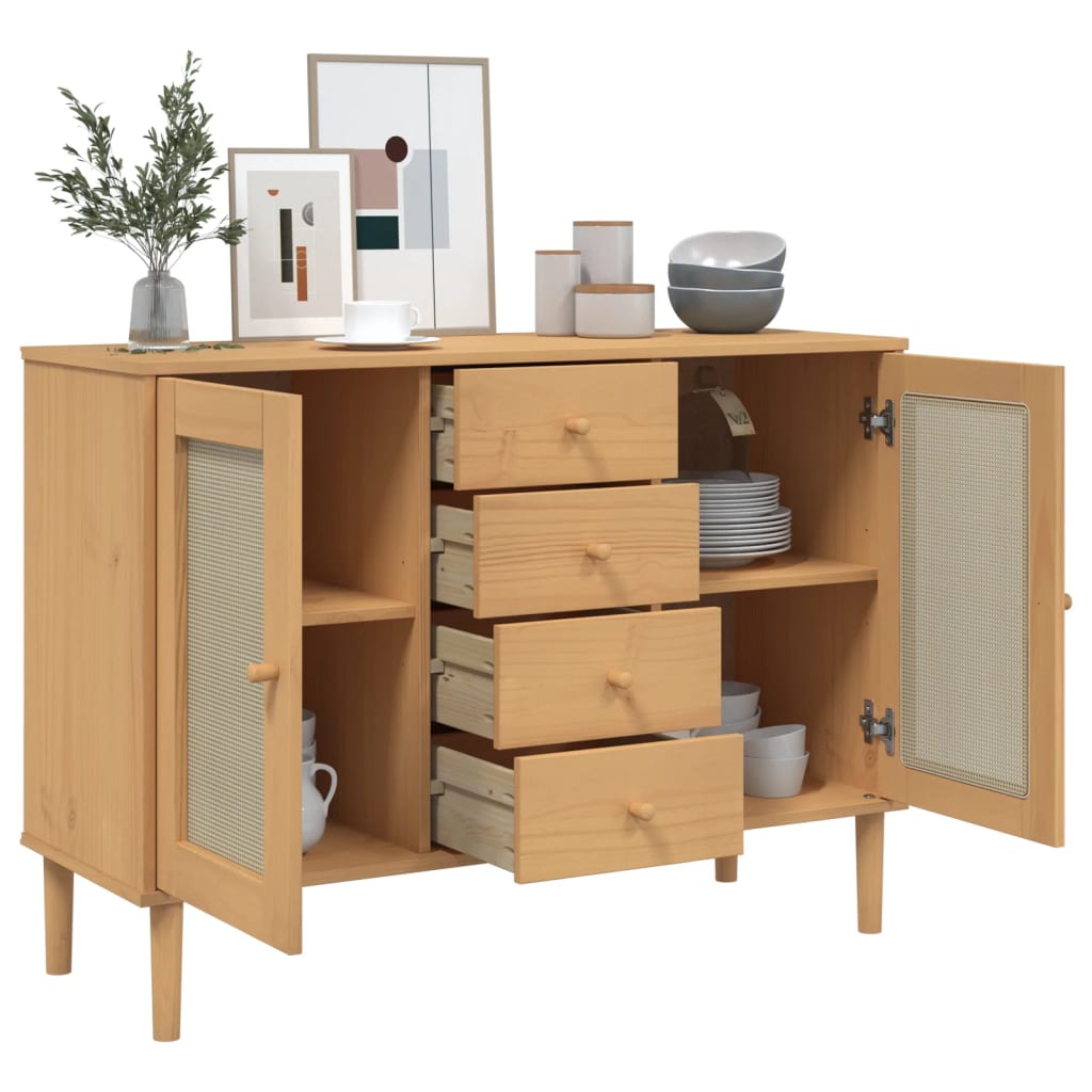 skænk SENJA 112x40x80 cm rattan-look massivt fyrretræ brun