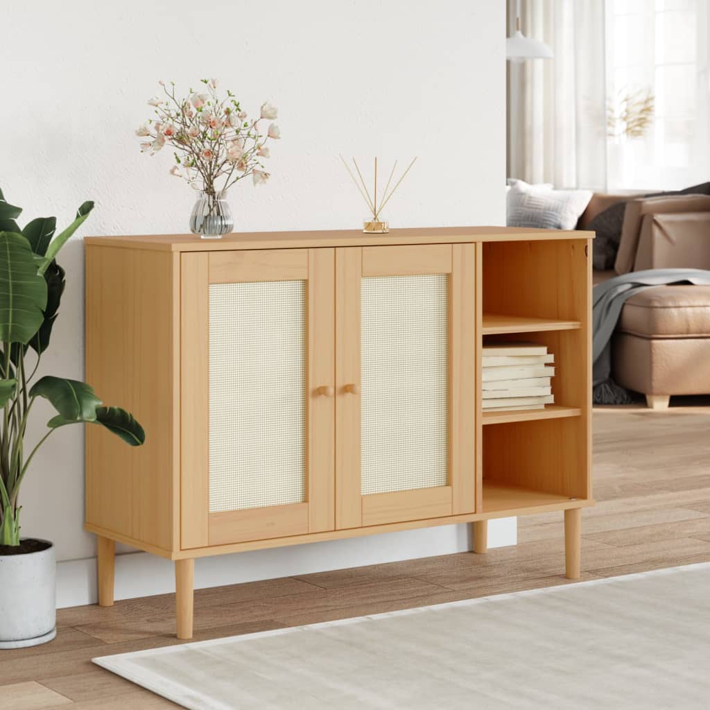 skænk SENJA 112x40x80 cm rattan-look massivt fyrretræ brun