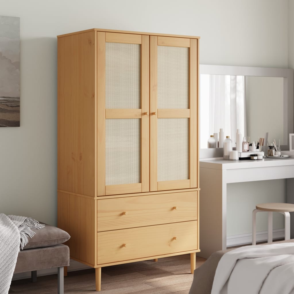 klædeskab SENJA 90x55x175 cm rattan-look massivt fyrretræ brun billede