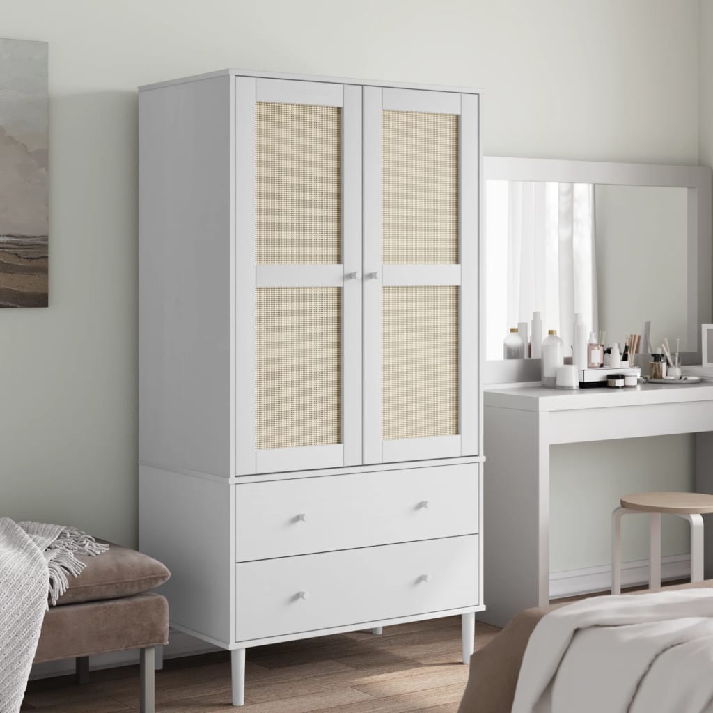 klædeskab SENJA 90x55x175 cm rattan-look massivt fyrretræ hvid billede