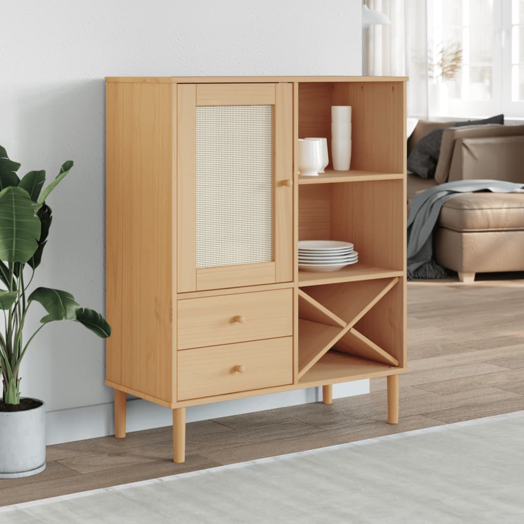 skænk SENJA 90x40x112 cm rattan-look massivt fyrretræ brun