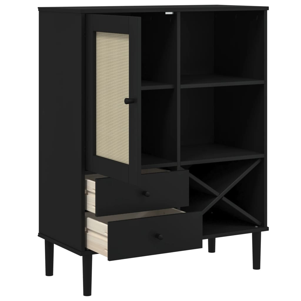 skænk SENJA 90x40x112 cm rattan-look massivt fyrretræ sort