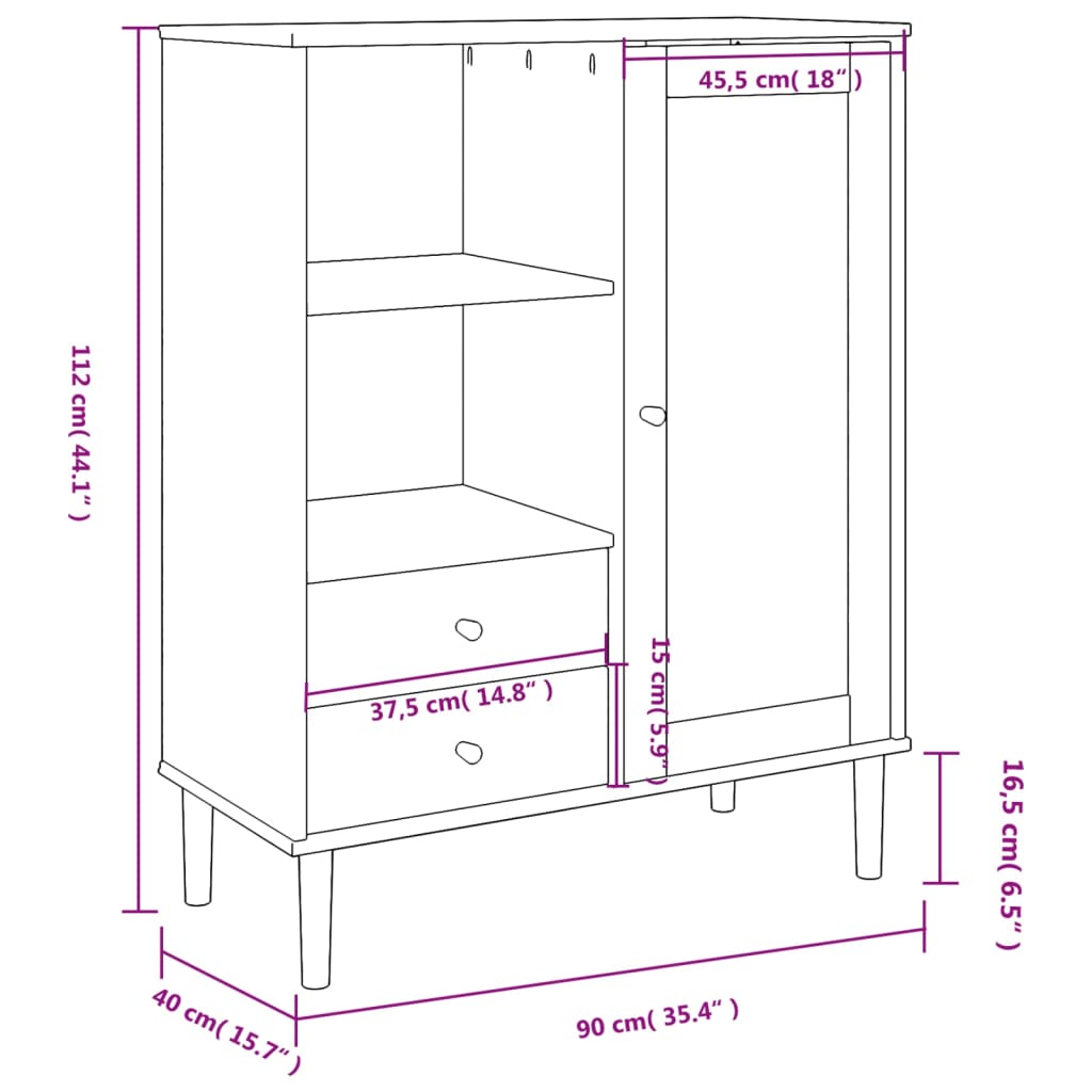 skænk SENJA 90x40x112 cm rattan-look massivt fyrretræ sort