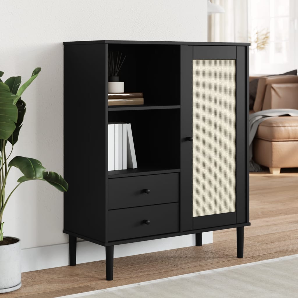 skænk SENJA 90x40x112 cm rattan-look massivt fyrretræ sort