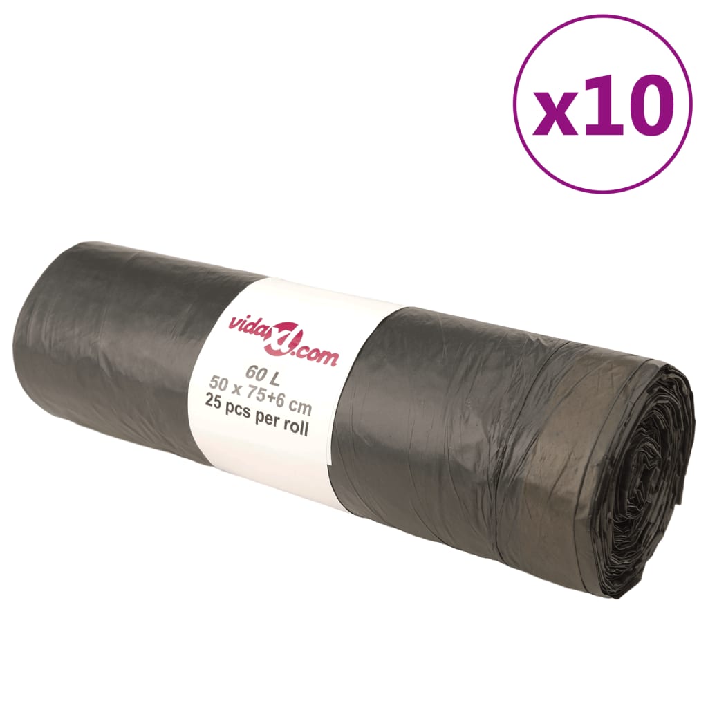 Affaldsposer med lukkesnor 60 l - 10 ruller (250 stk.), sort