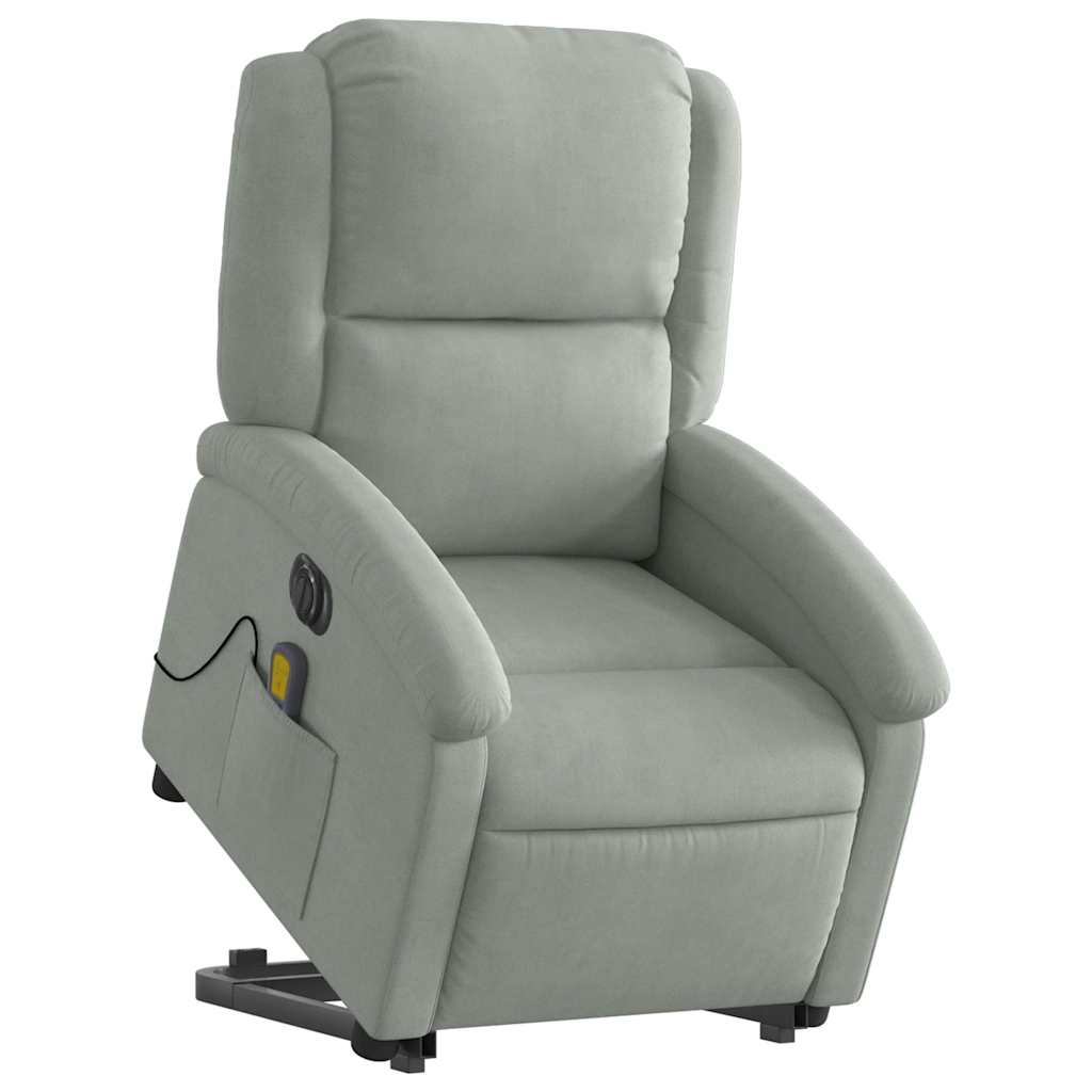 massagestol med løftefunktion velour lysegrå