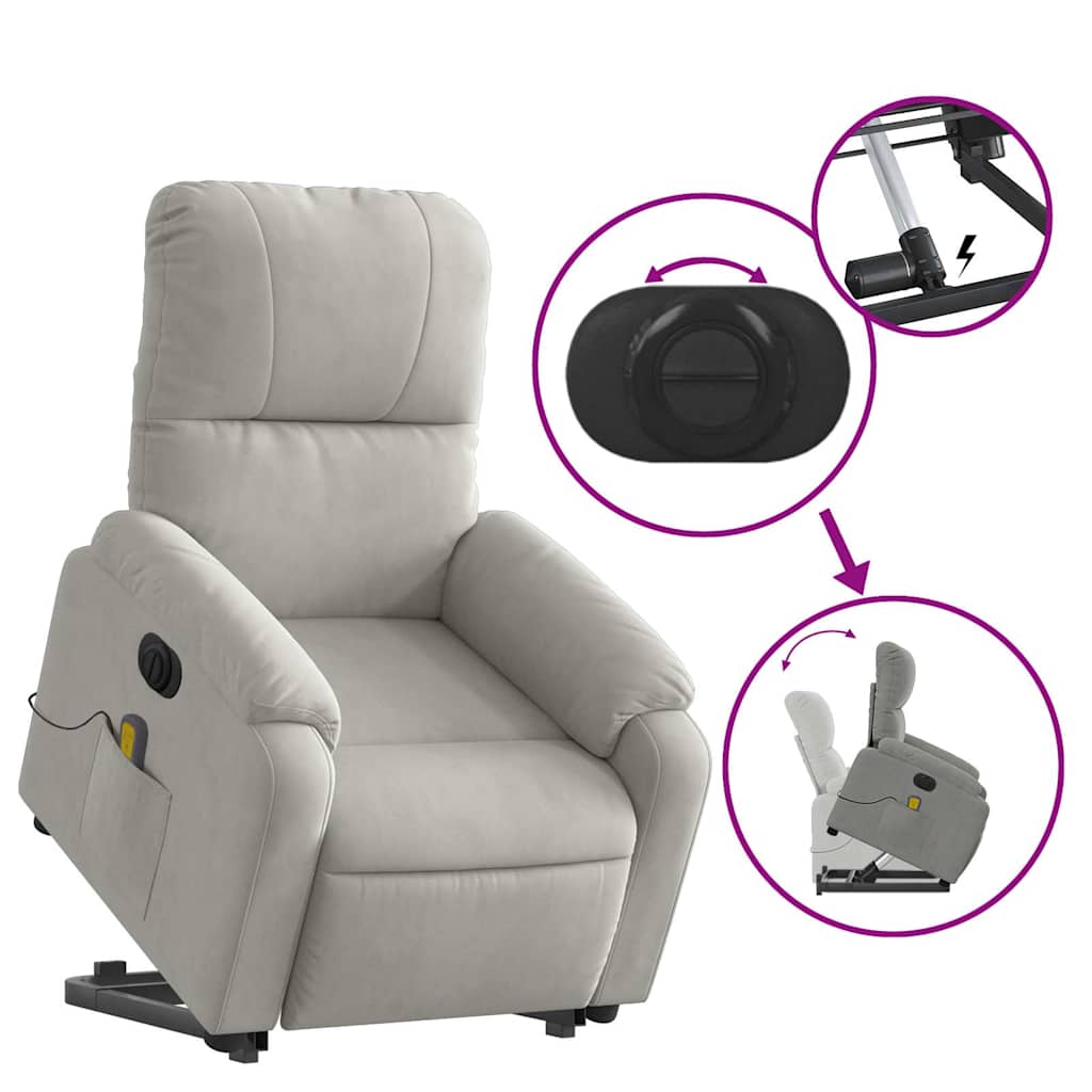 massagestol med løftefunktion mikrofiberstof lysegrå