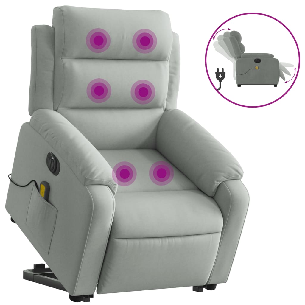 massagestol med løftefunktion velour lysegrå