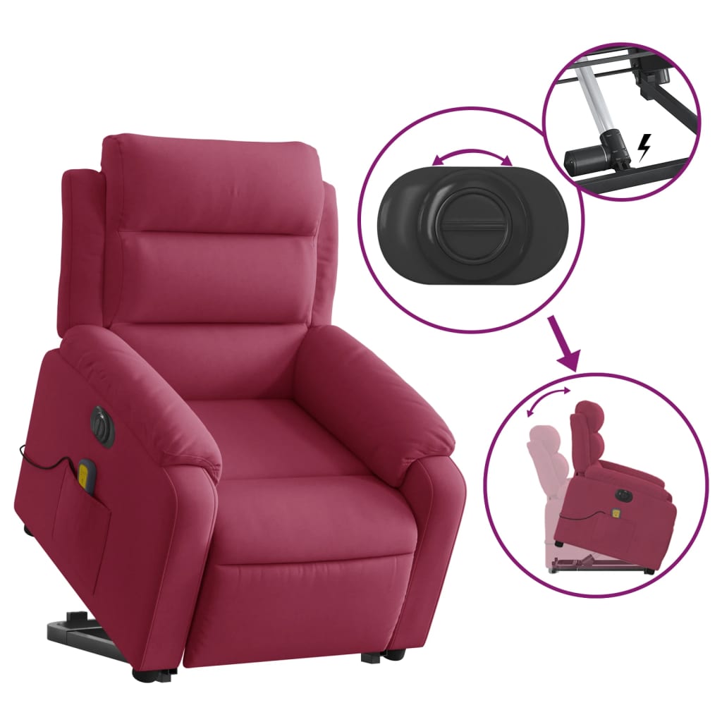 massagestol med løftefunktion velour vinrød