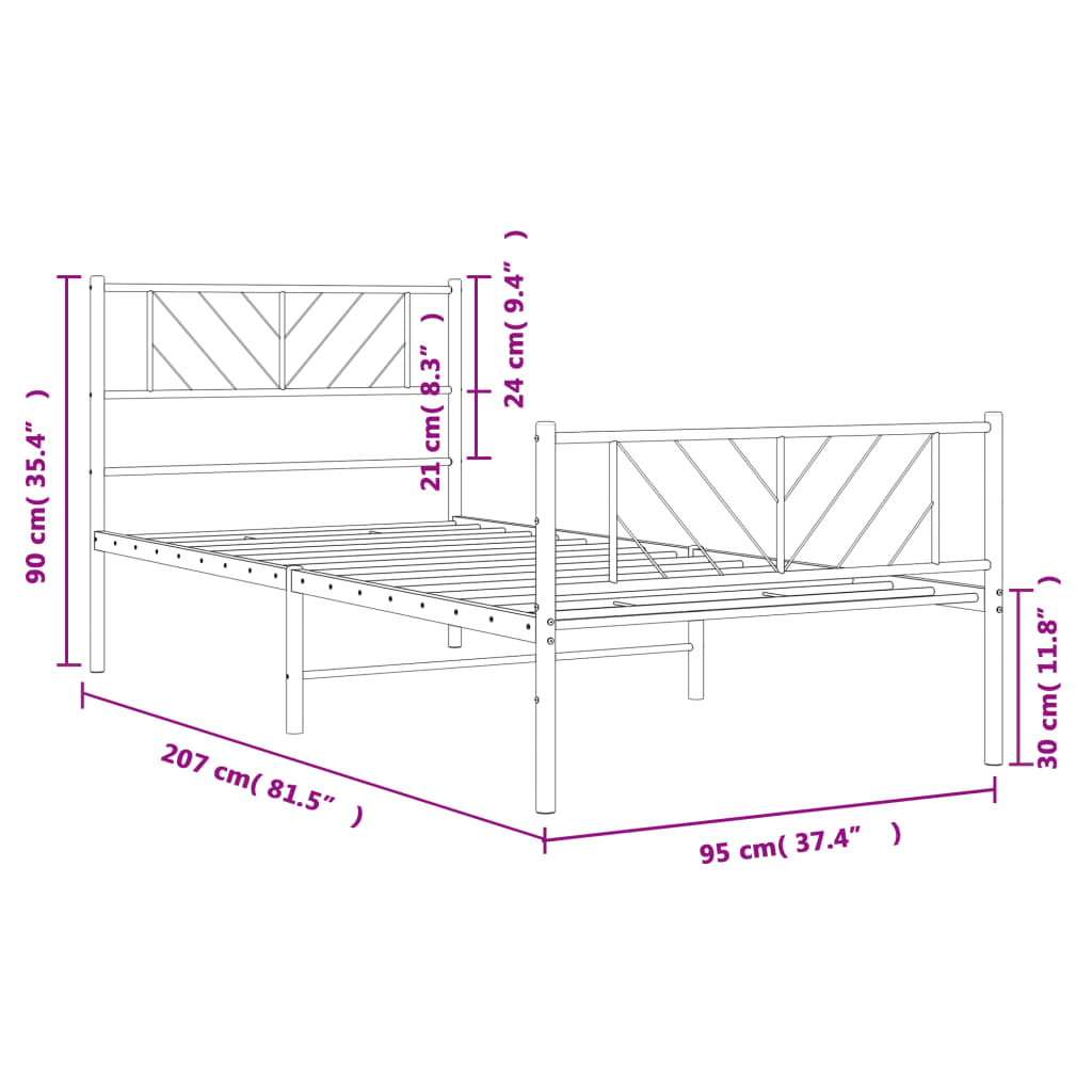 sengeramme med sengegavl og fodgærde 90x200 cm metal sort