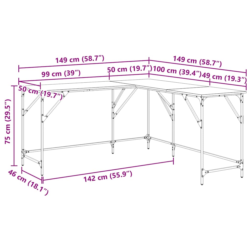 skrivebord 149x149x75 cm konstrueret træ grå sonoma-eg