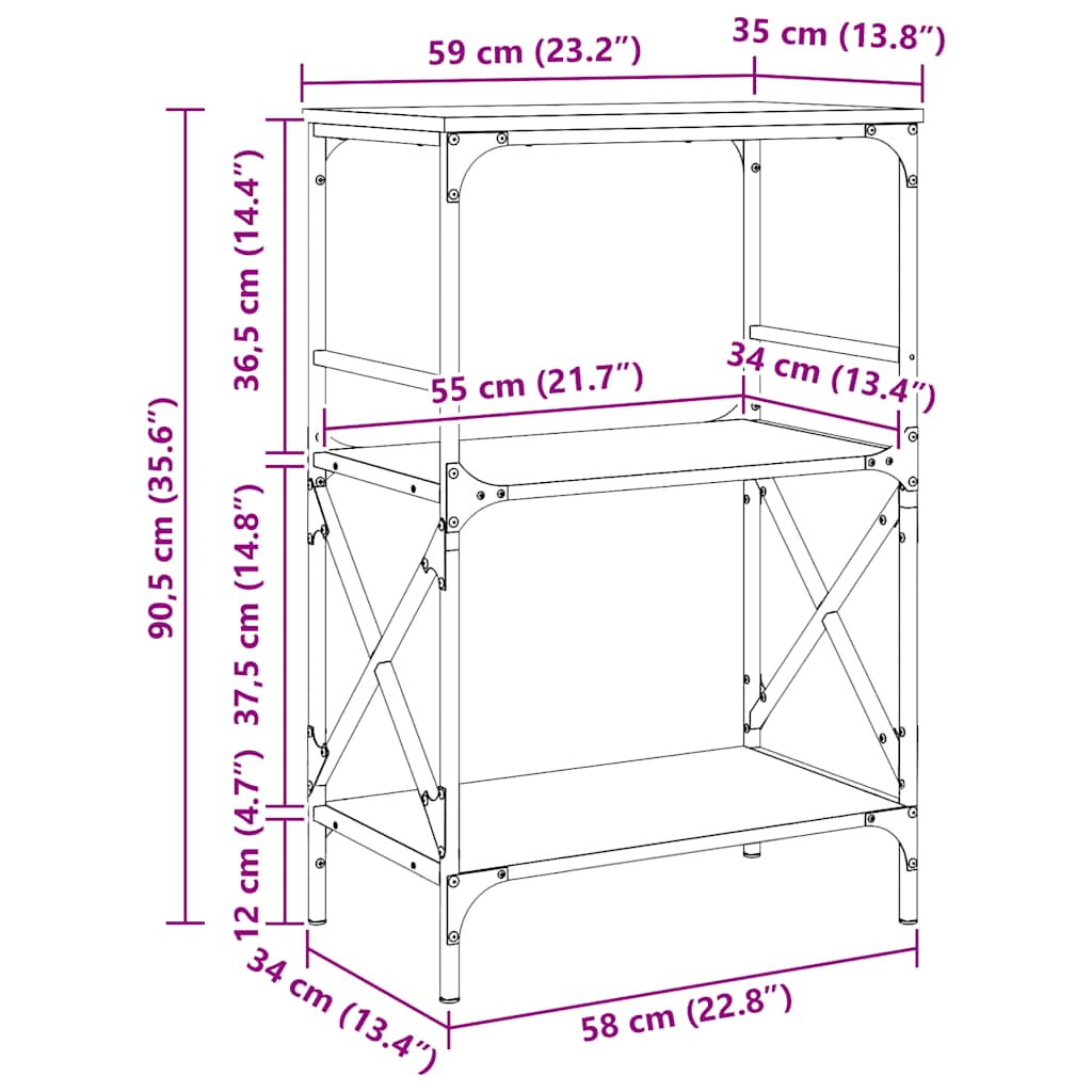 bogreol med 3 hylder 59x35x90,5 cm konstrueret træ sort