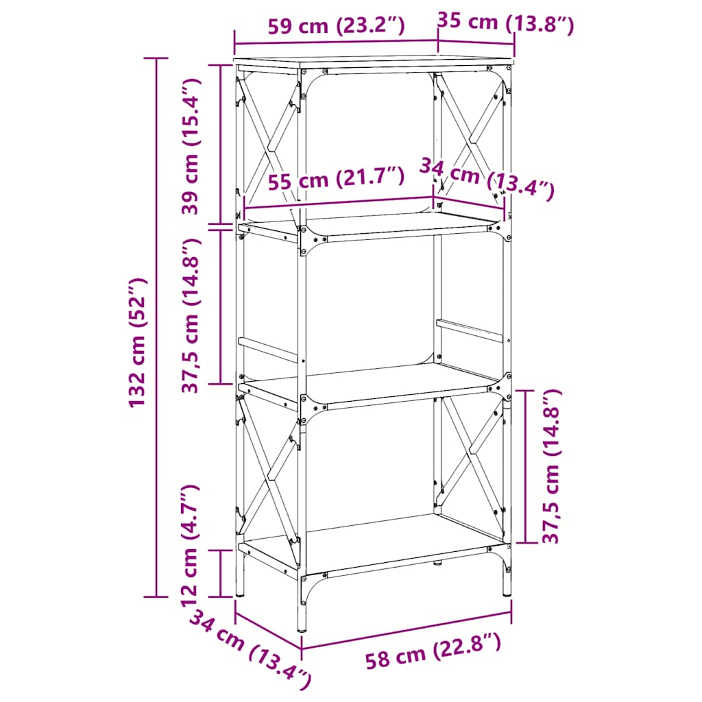 bogreol 4 hylder 59x35x132 cm konstrueret træ brunt eg
