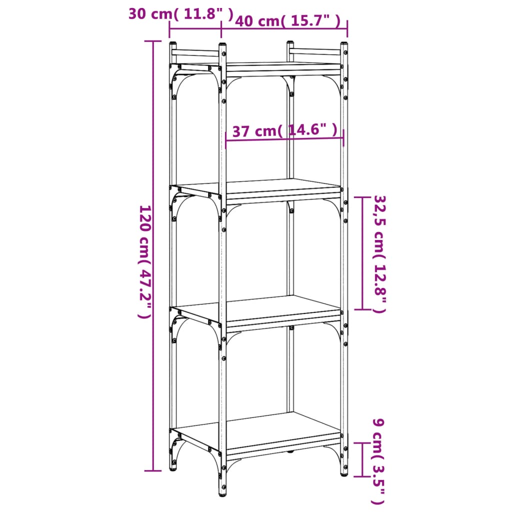 bogreol med 4 hylder 40x30x120 cm konstrueret træ sort