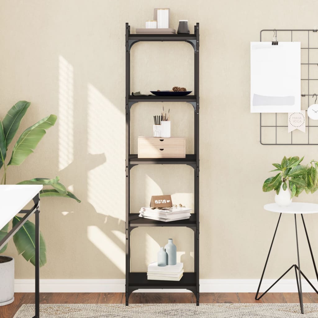 Bogreol med 5 hylder - 40×30×154 cm - konstrueret træ og metal - sort