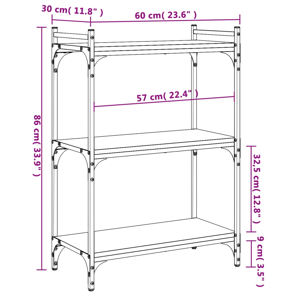 bogreol 60x30x86 cm 3 hylder konstrueret træ røget eg
