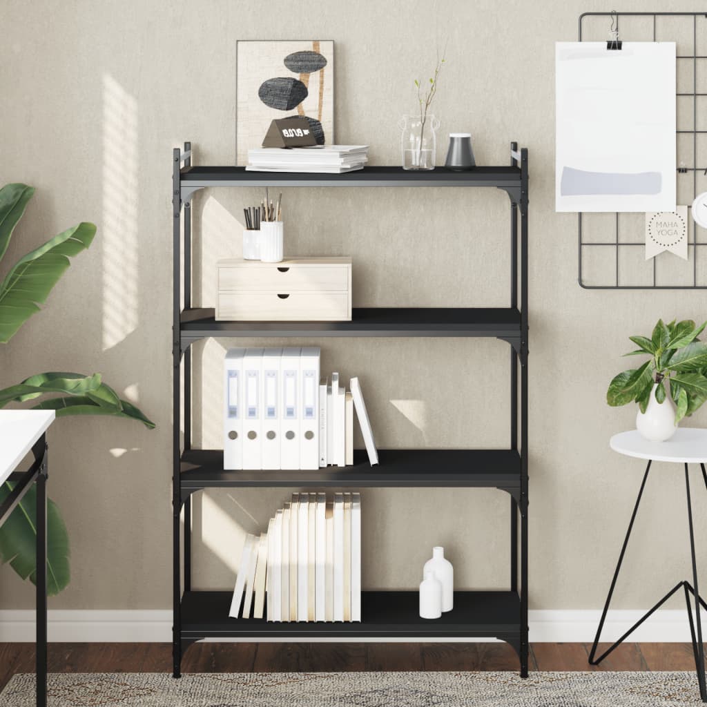 Bogreol med 4 hylder - 80×30×120 cm, sort konstrueret træ og metal