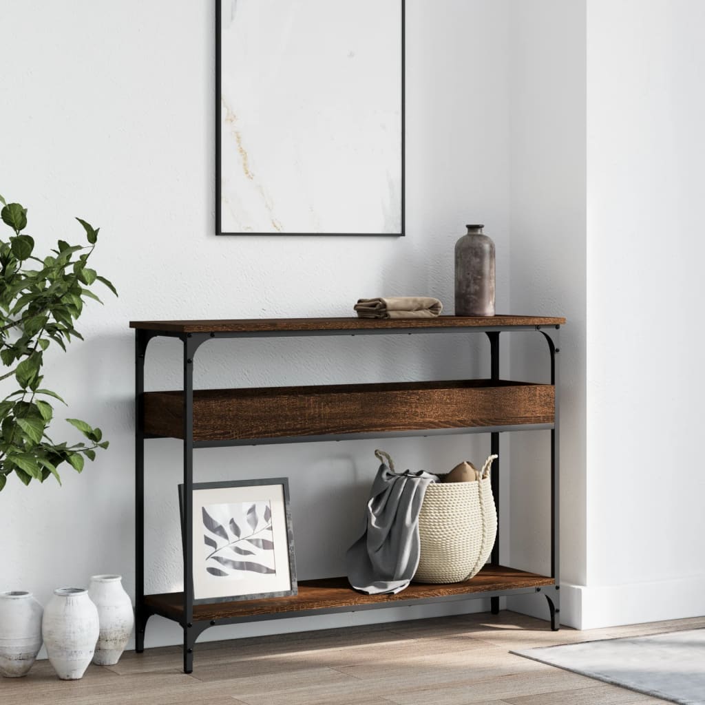 konsolbord med hylde 100x29x75 cm konstrueret træ brunt egetræ