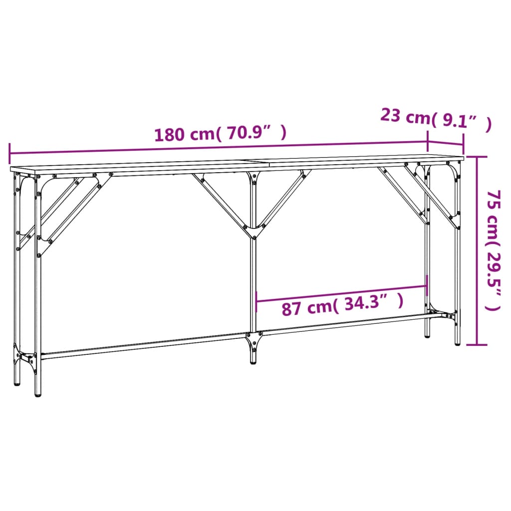konsolbord 180x23x75 cm konstrueret træ røget egetræsfarve