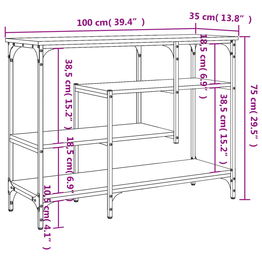 konsolbord med hylder 100x35x75 cm brun egetræsfarve