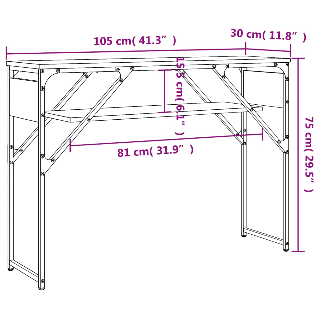 konsolbord med hylde 105x30x75 cm konstrueret træ røget eg