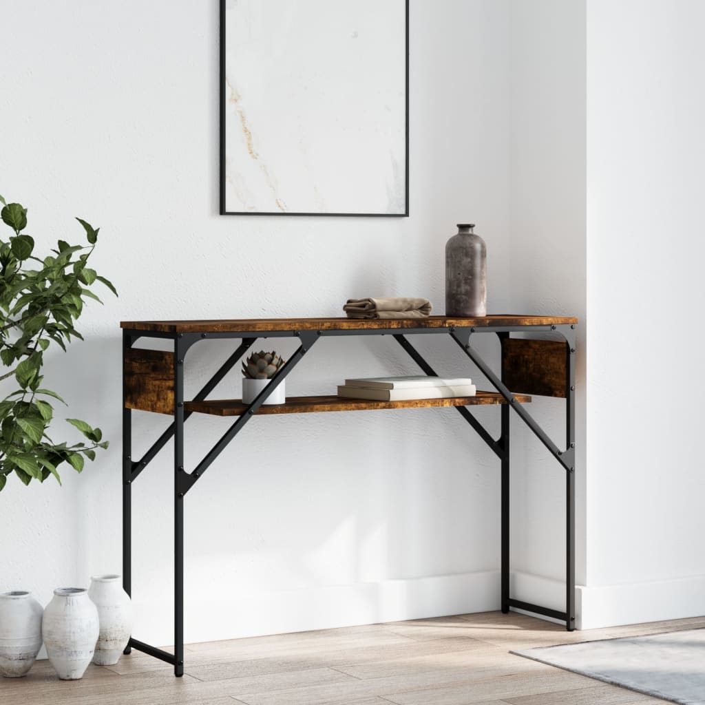 konsolbord med hylde 105x30x75 cm konstrueret træ røget eg