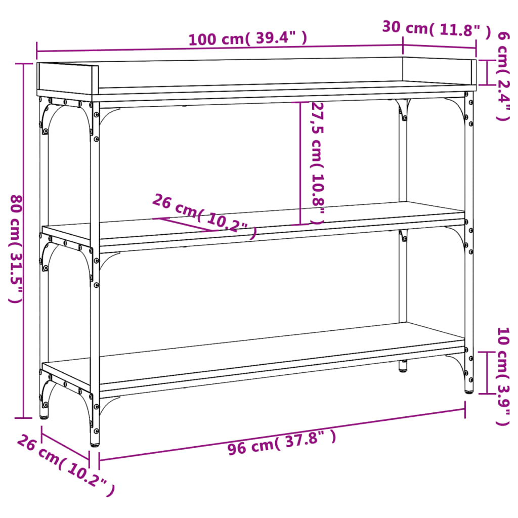 konsolbord med hylder 100x30x80 cm sonoma-eg
