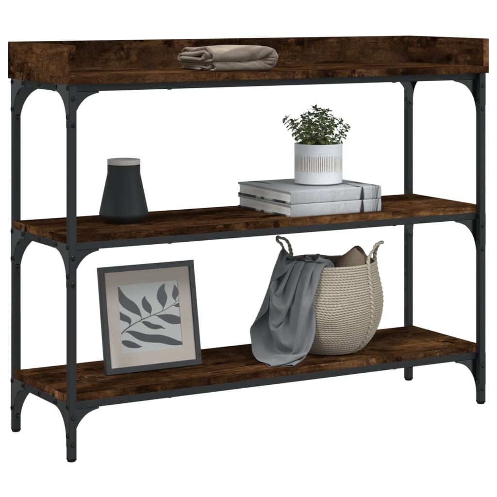 konsolbord med hylder 100x30x80 cm røget egetræsfarve