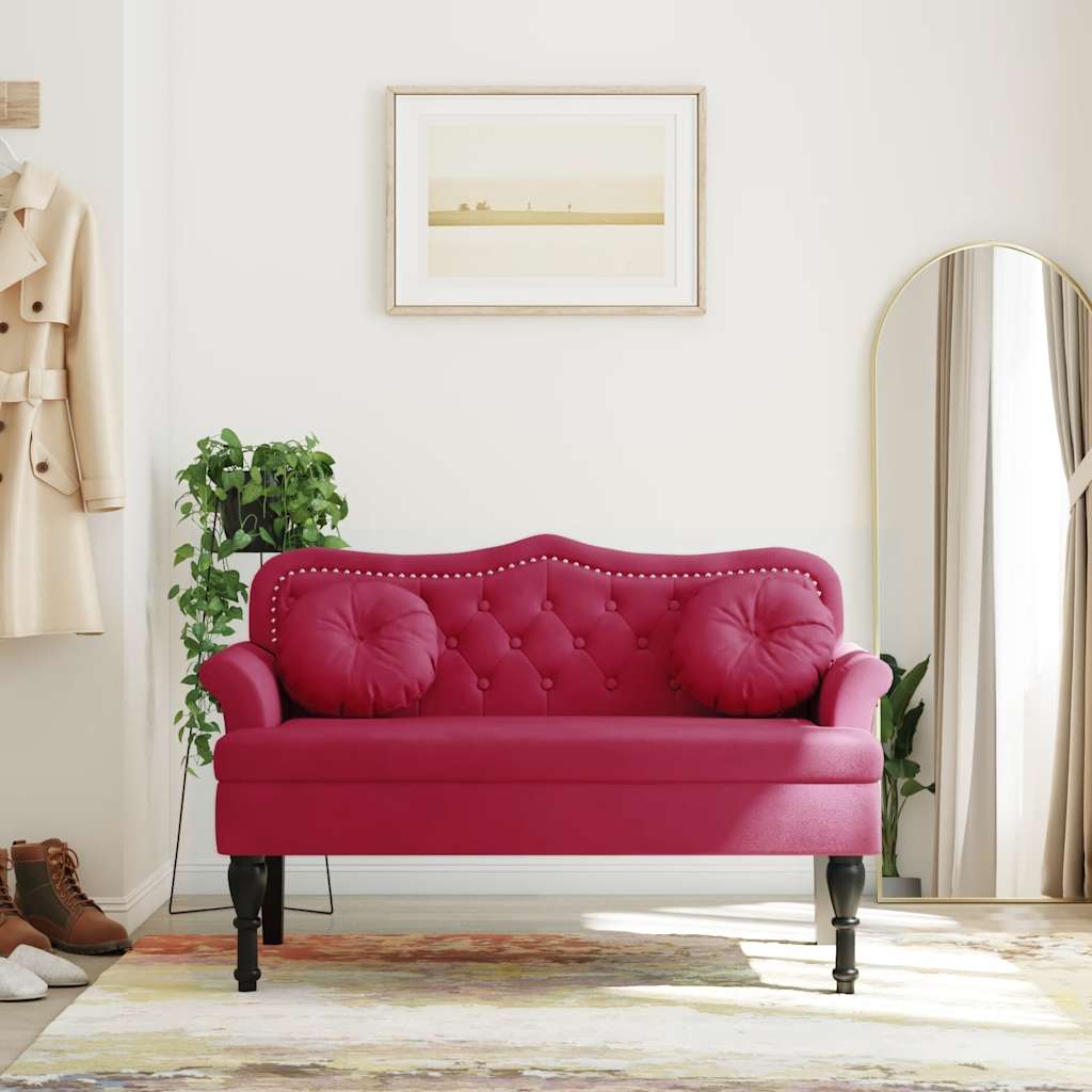 bænk med hynder 120,5x65x75 cm velour vinrød