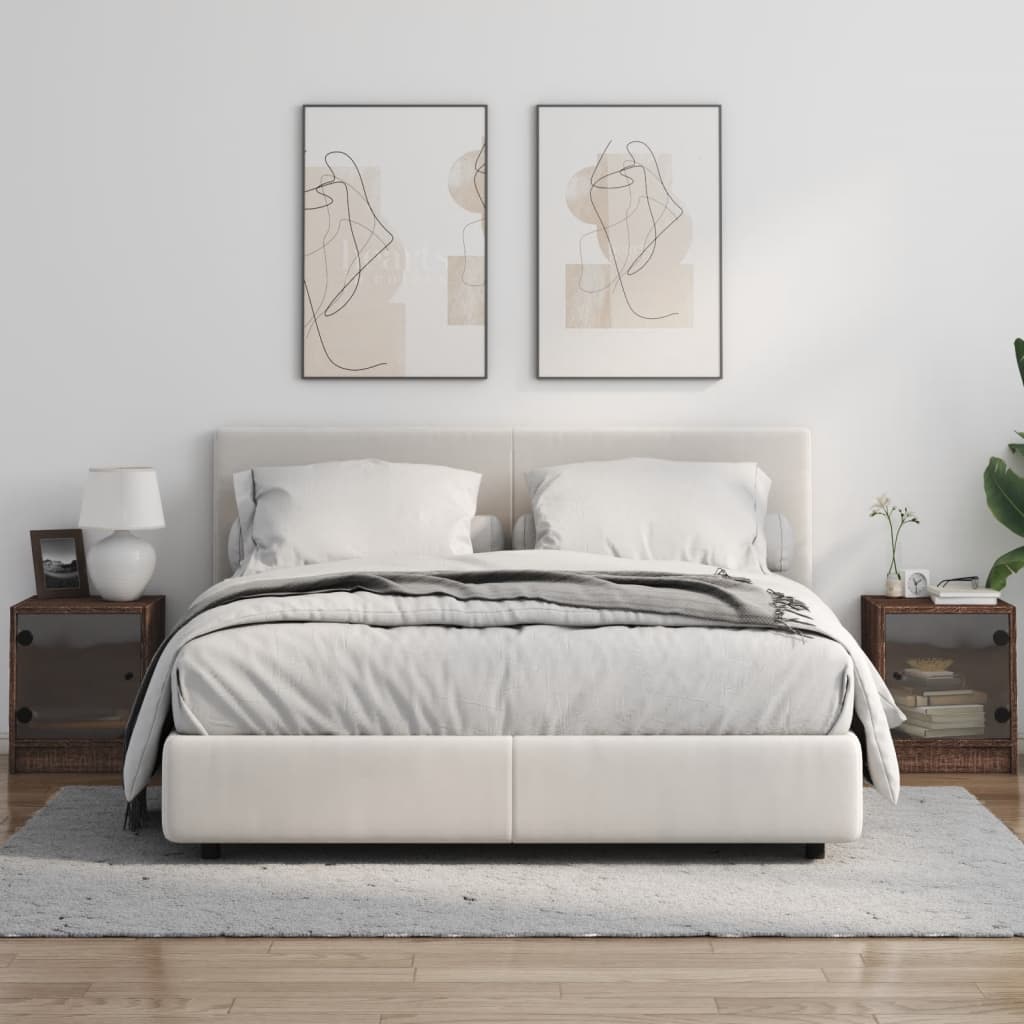 sengeborde med glaslåger 2 stk. 35x37x42 cm brun egetræ