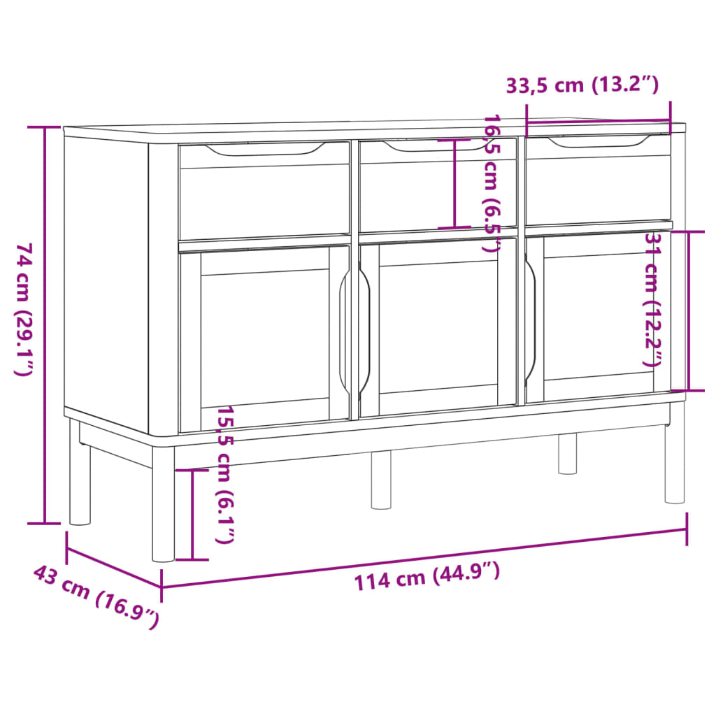 skænk FLORO 114x43x74 cm massivt fyrretræ gyldenbrun