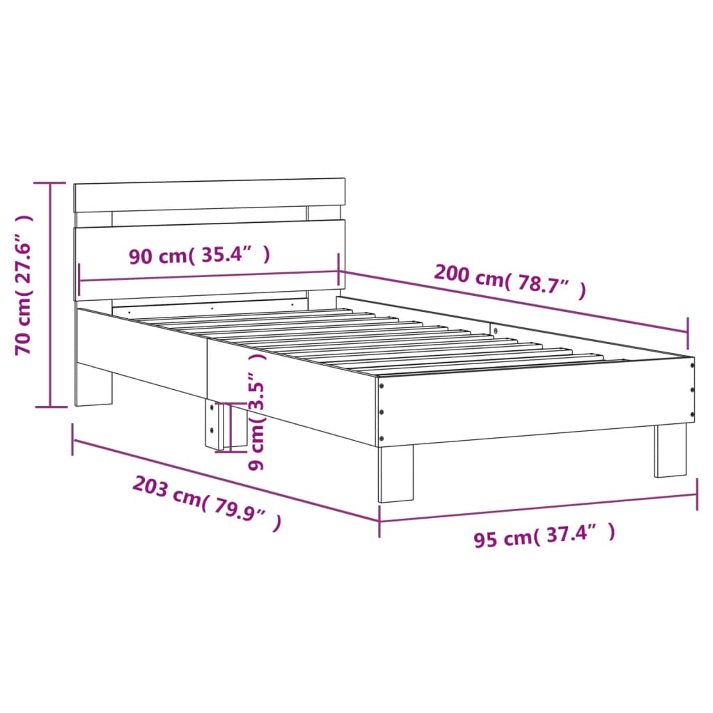 sengeramme med sengegavl 90x200 cm konstrueret træ betongrå