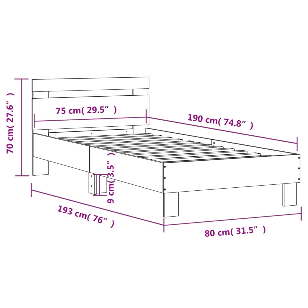 sengeramme med sengegavl 75x190 cm konstrueret træ betongrå