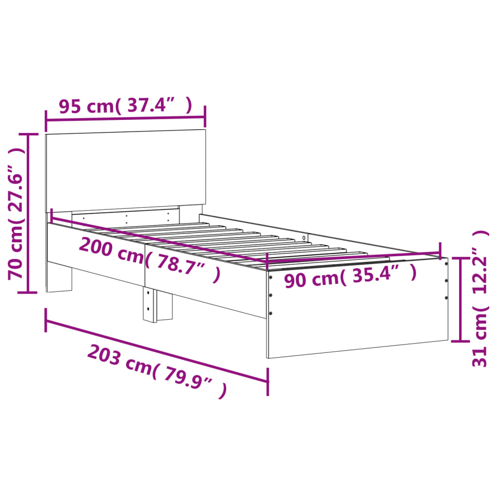 sengeramme med sengegavl 90x200 cm konstrueret træ grå sonoma