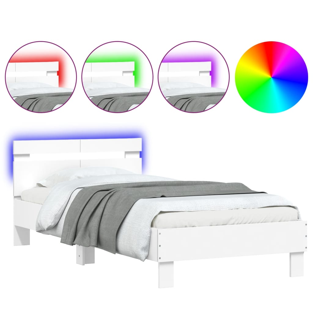 sengeramme med sengegavl og LED-lys 100x200 cm hvid