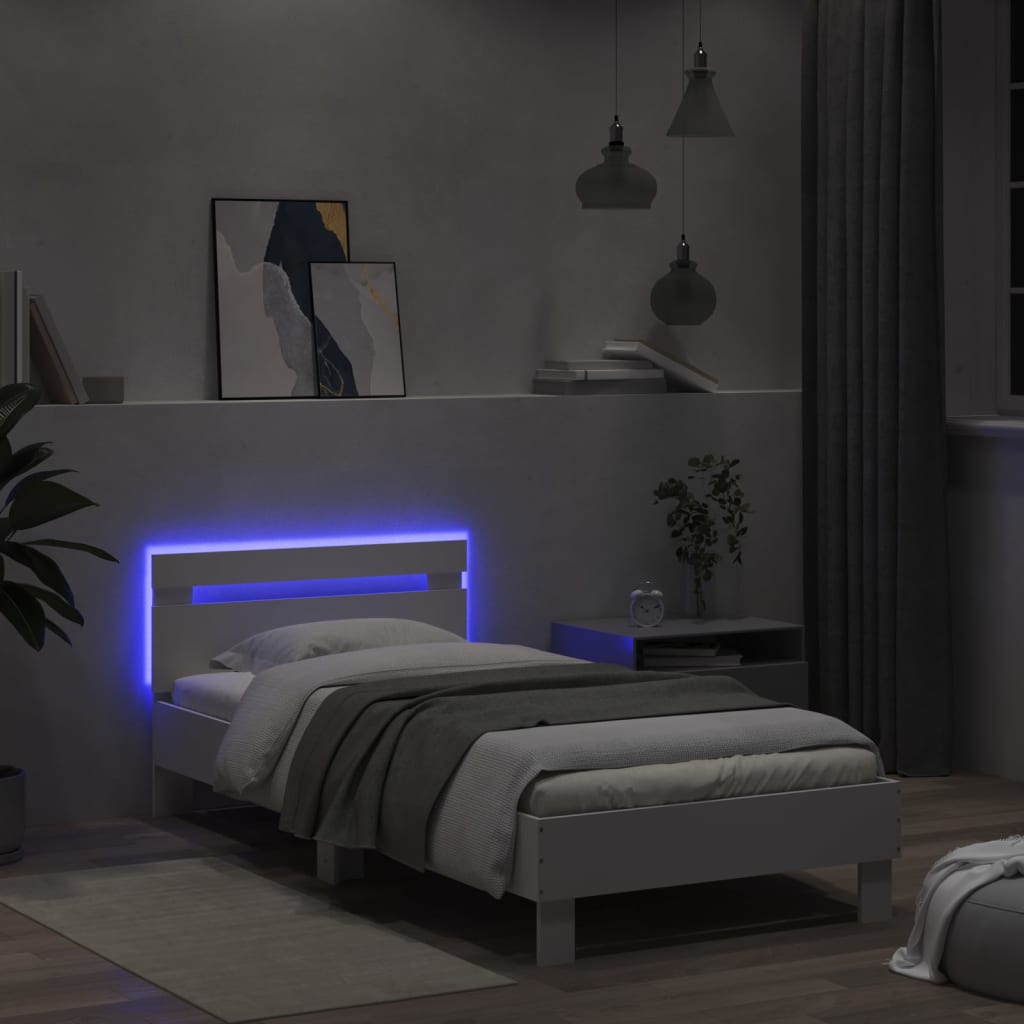 sengeramme med sengegavl og LED-lys 100x200 cm hvid