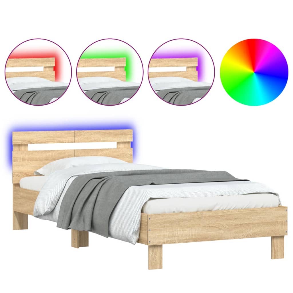 sengeramme med sengegavl og LED-lys 100x200 cm sonoma-eg