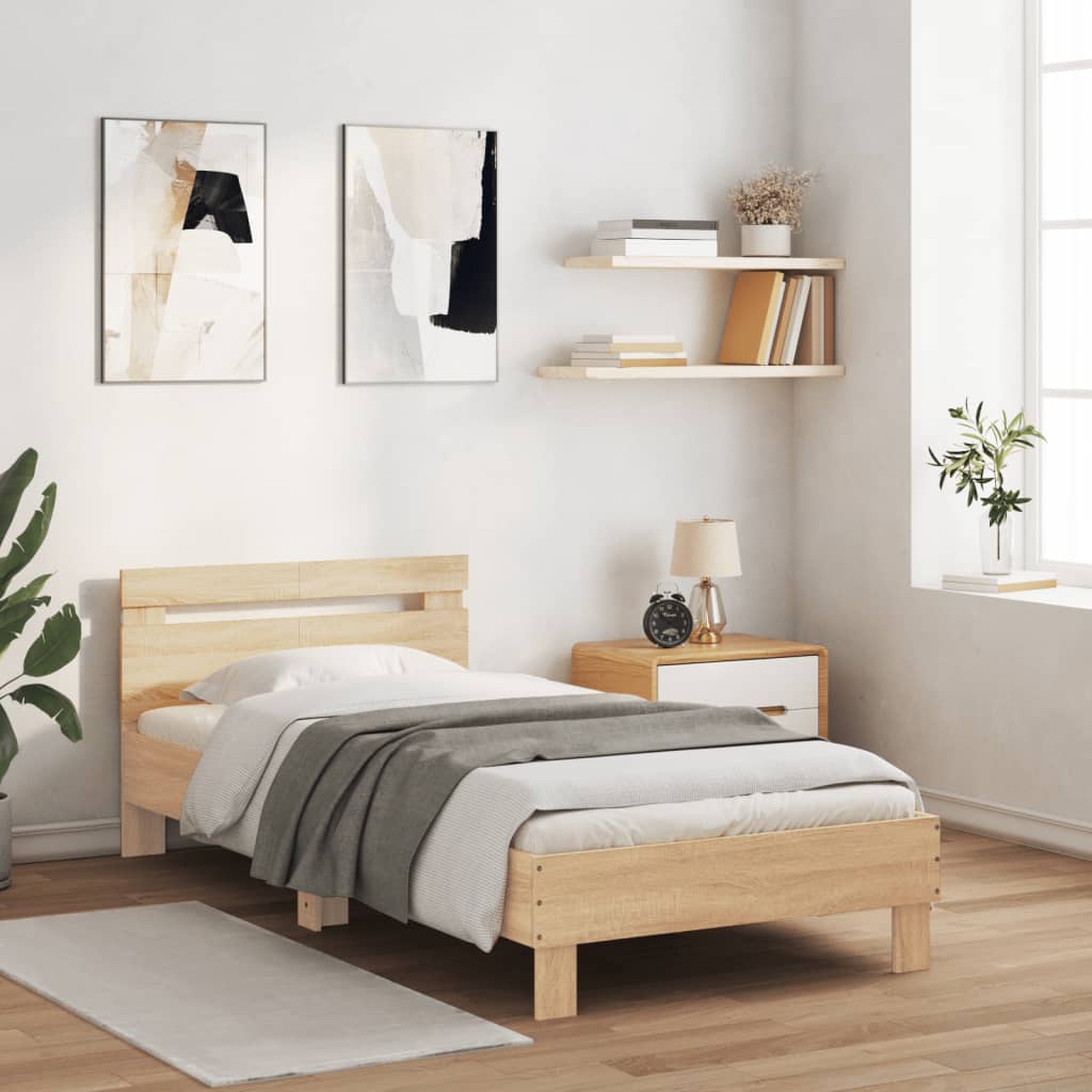 sengeramme med sengegavl og LED-lys 100x200 cm sonoma-eg