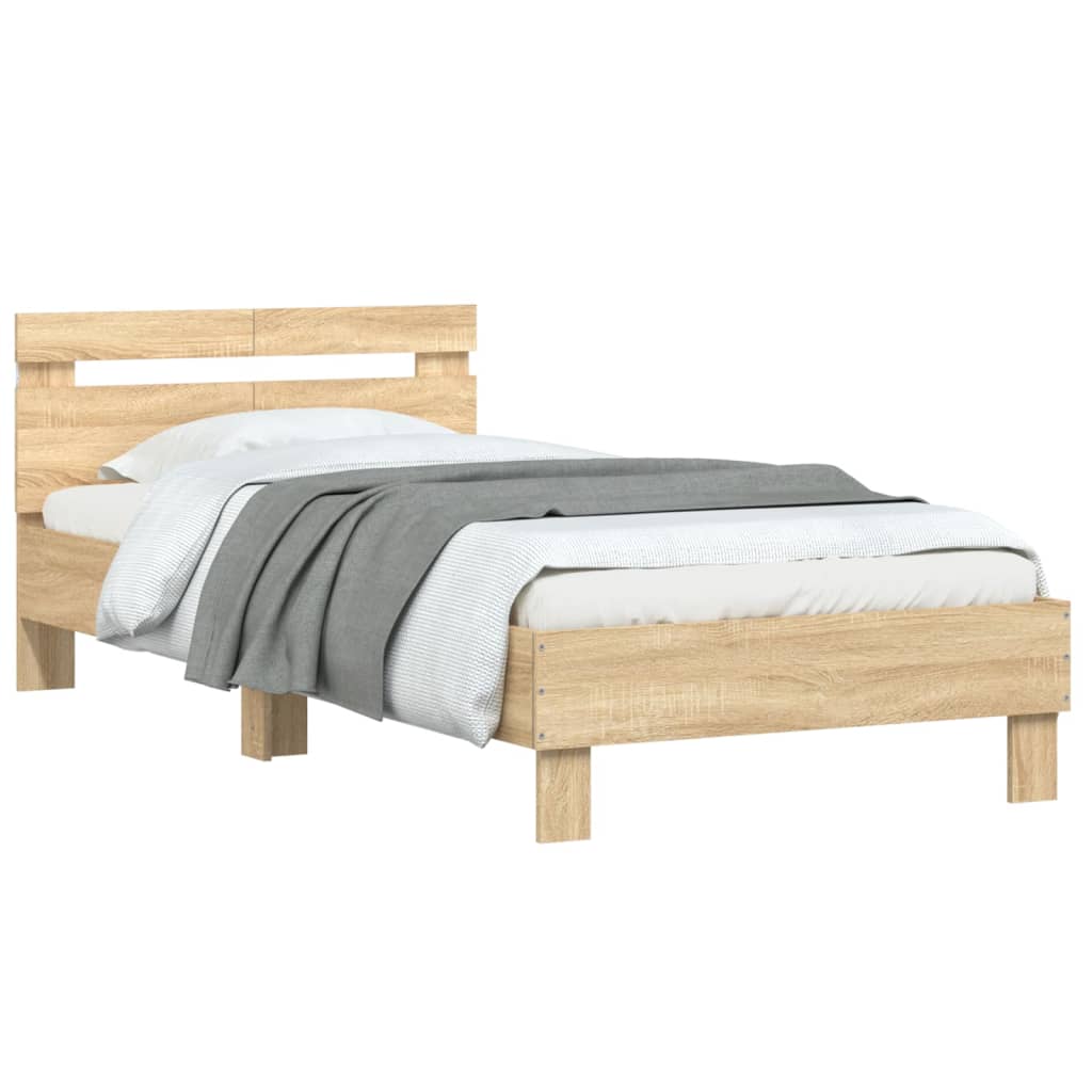 sengeramme med sengegavl og LED-lys 100x200 cm sonoma-eg