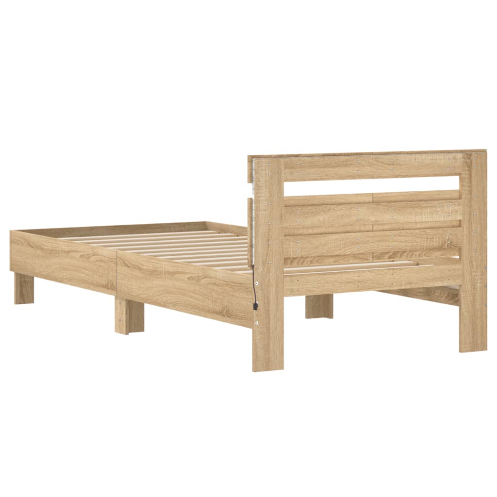 sengeramme med sengegavl og LED-lys 100x200 cm sonoma-eg