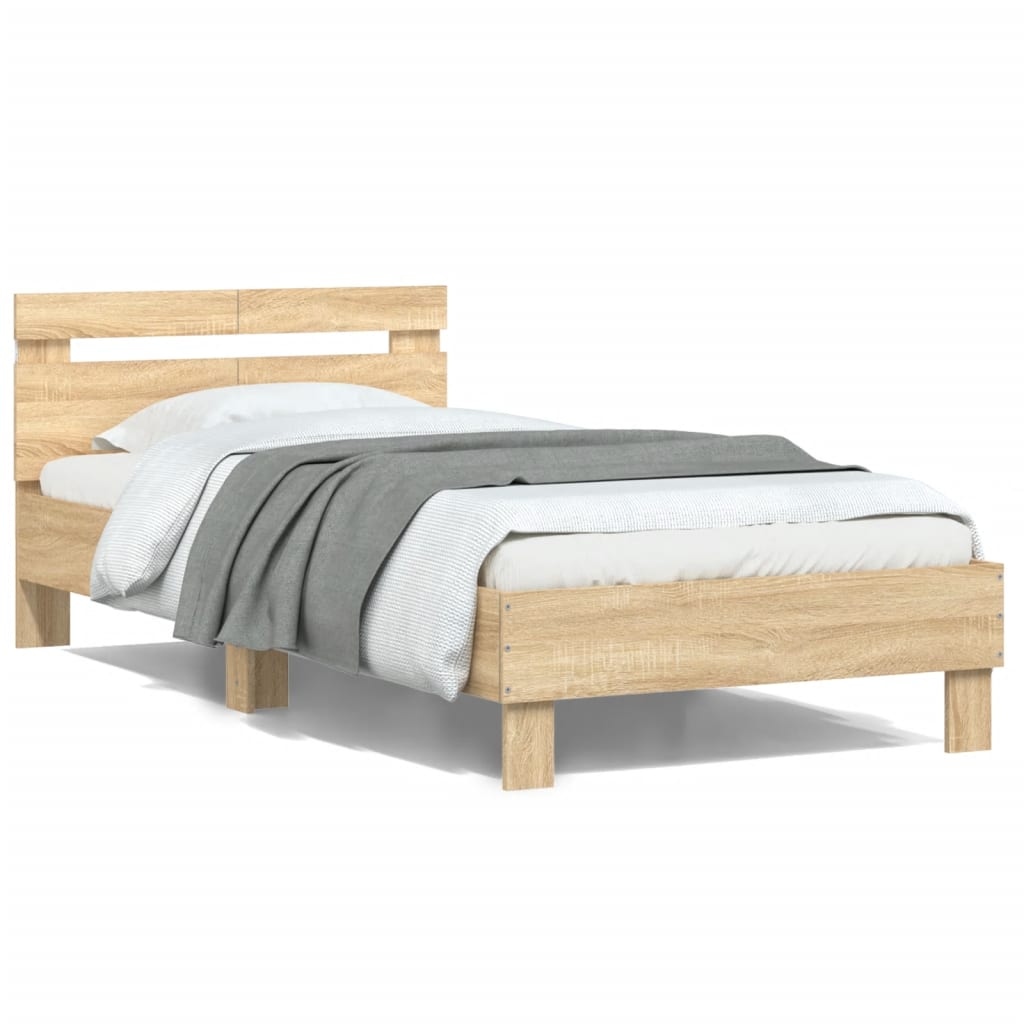 sengeramme med sengegavl og LED-lys 100x200 cm sonoma-eg