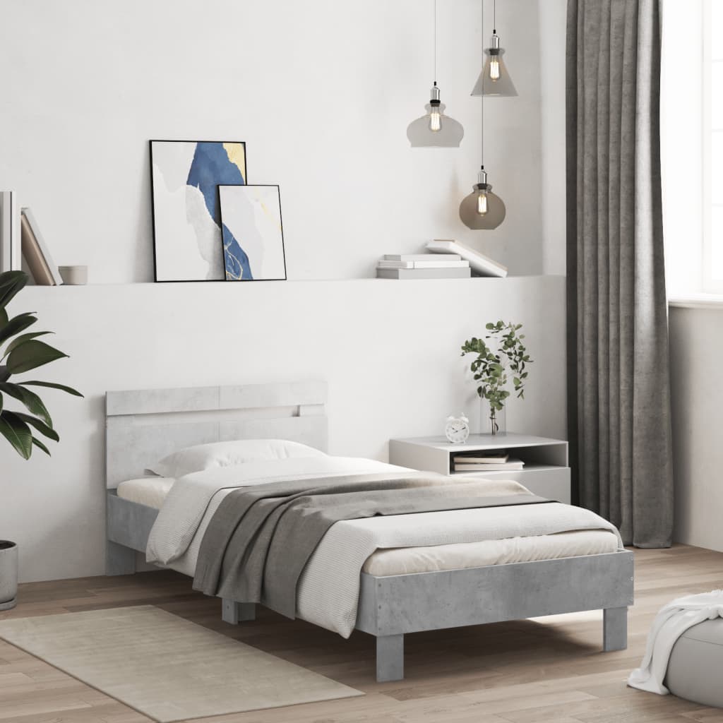 sengeramme med sengegavl og LED-lys 100x200 cm betongrå