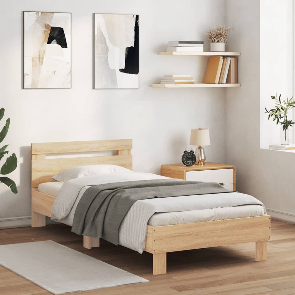 sengeramme med sengegavl og LED-lys 90x200 cm sonoma-eg